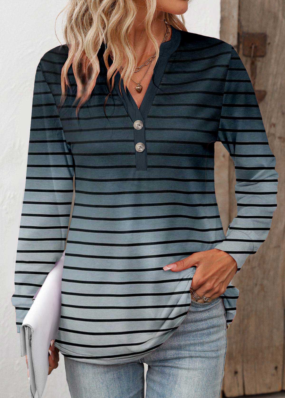 Modlily Navy Button Striped Long Sleeve Split Neck T Shirt - M