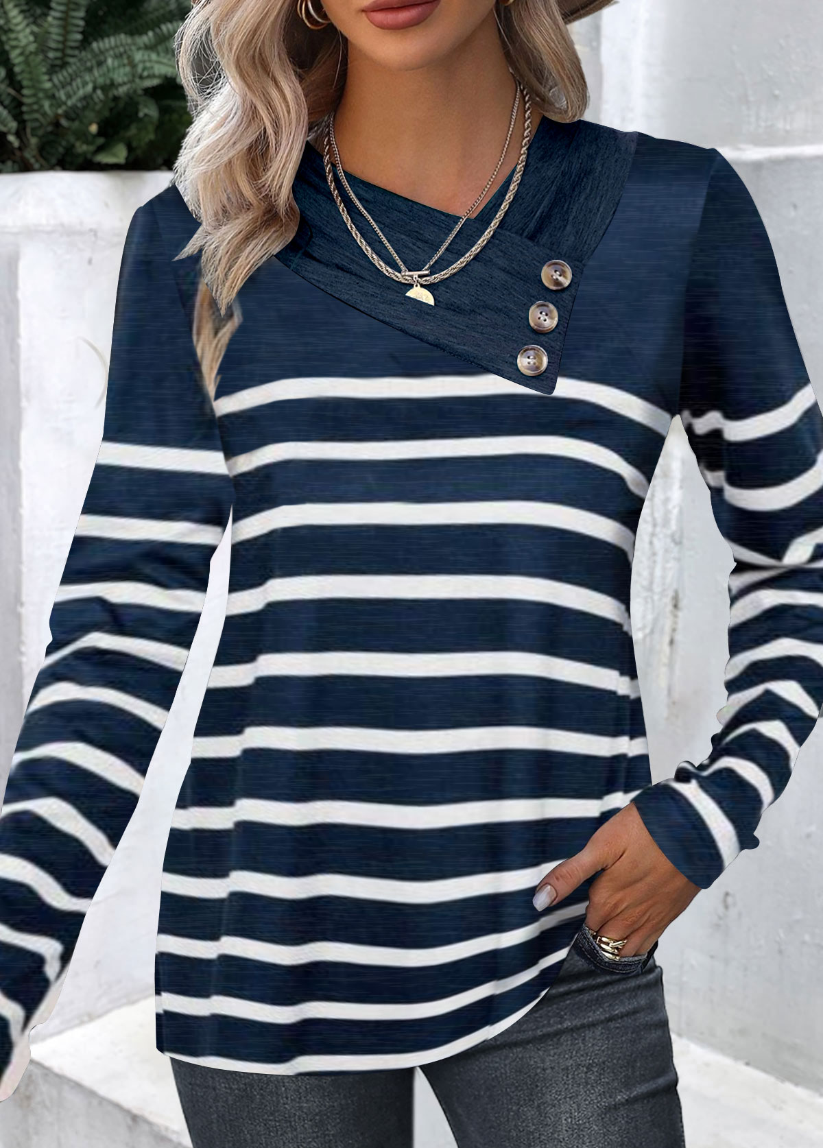 Modlily Navy Button Striped Long Sleeve T Shirt - XL