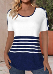 Modlily Navy Button Striped Short Sleeve Round Neck T Shirt - XL