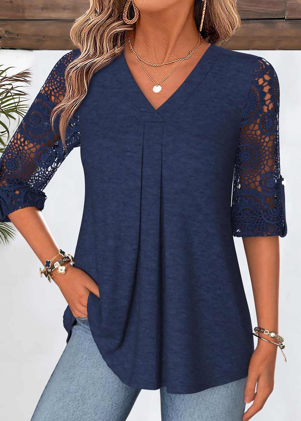 Modlily Navy Curved Hem 3/4 Sleeve V Neck Blouse - M