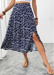 Modlily Navy Ditsy Floral Print A Line Elastic Waist Skirt - XL
