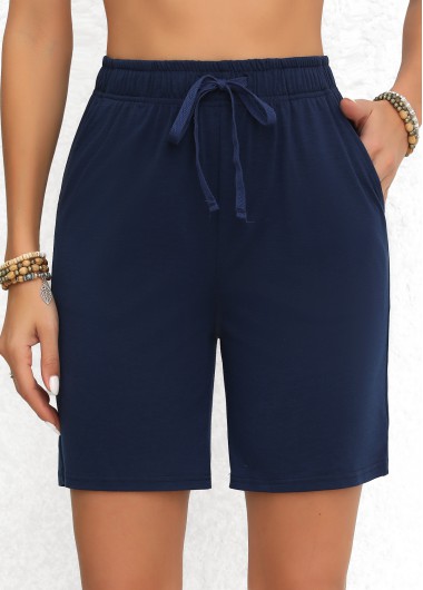 Modlily Navy Double Side Pockets Elastic Waist High Waisted Shorts - 3XL