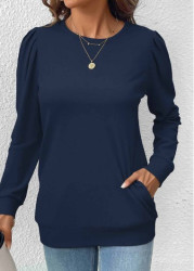 Modlily Navy Double Side Pockets Long Sleeve Round Neck Sweatshirt - S