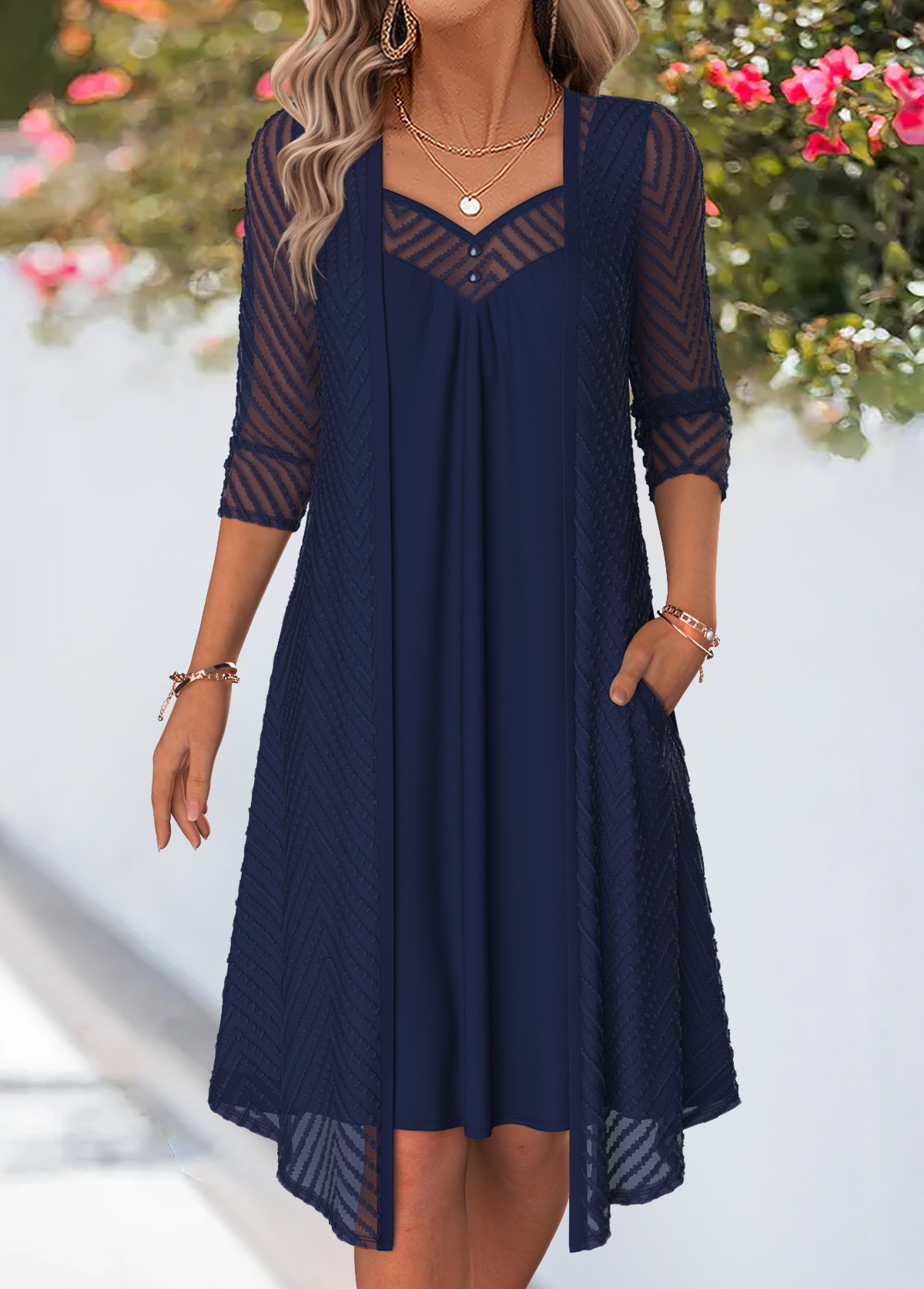 Modlily Navy Fake 2in1 3/4 Sleeve Heart Collar Dress - M