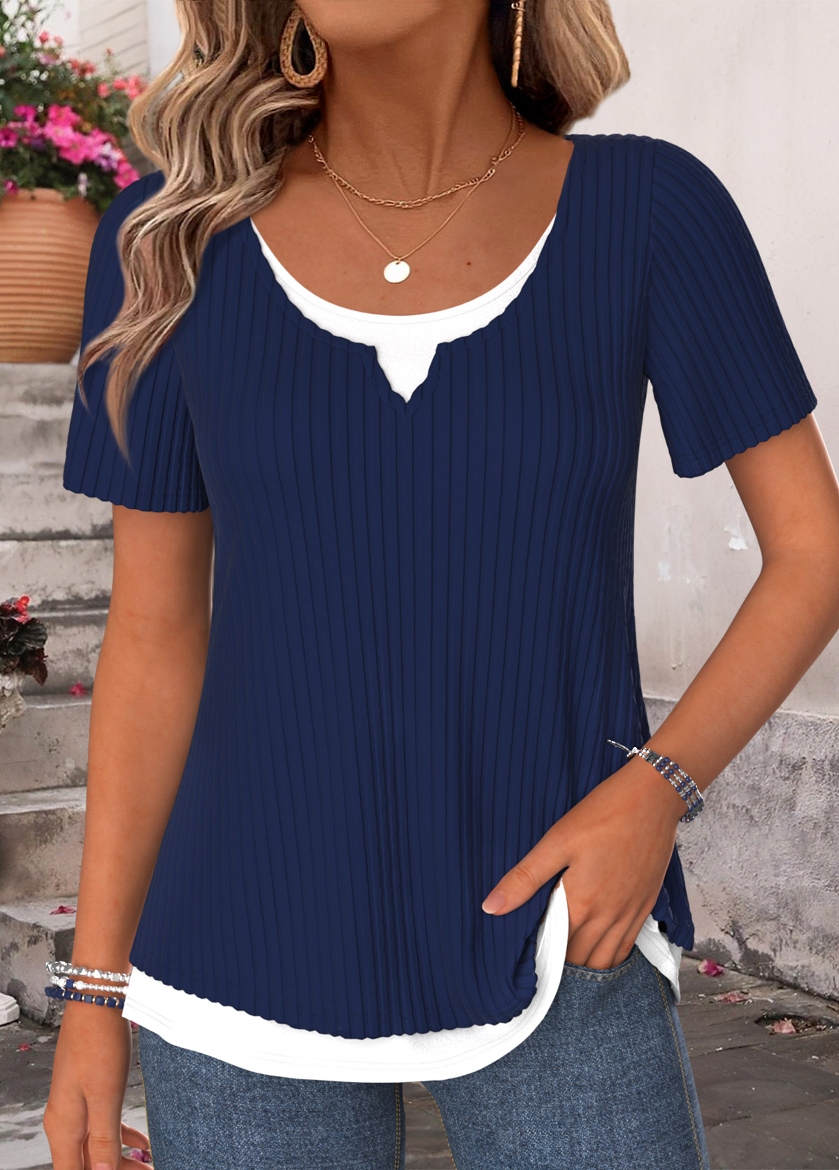 Modlily Navy Fake 2in1 Short Sleeve Round Neck T Shirt - S
