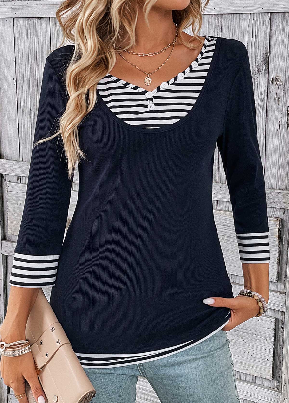 Modlily Navy Fake 2in1 Striped T Shirt - L