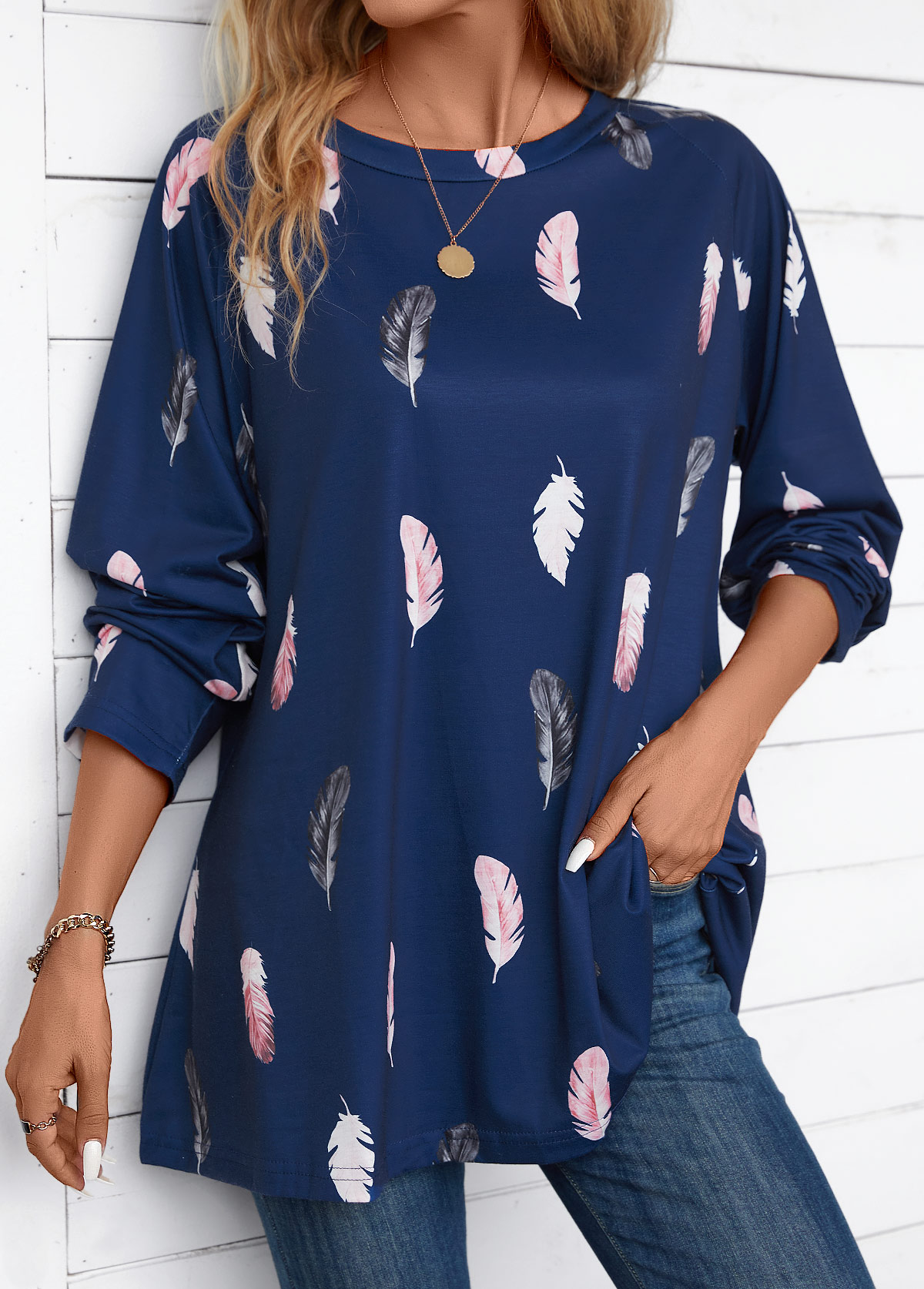 Modlily Navy Feathers Print Extra Long Sleeve Round Neck Blouse - S