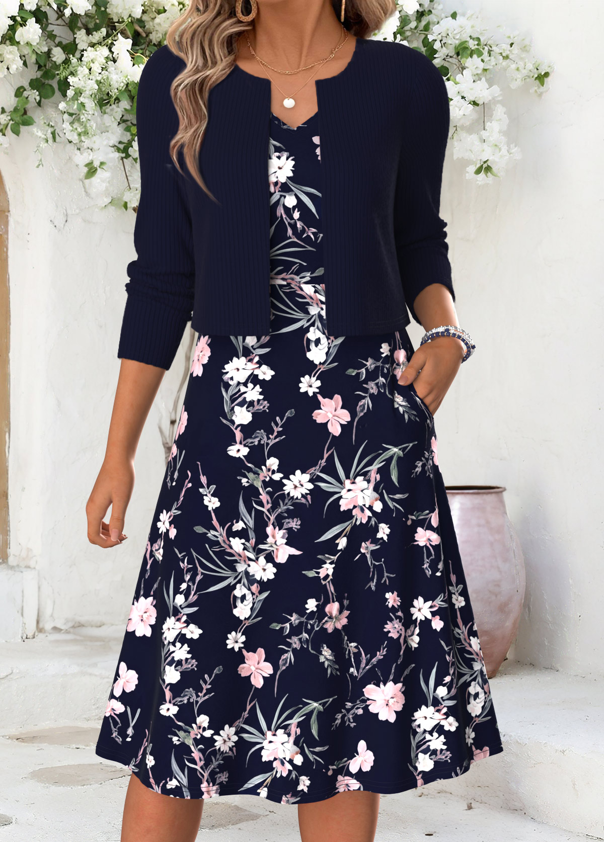 Modlily Navy Floral Print Double Side Pockets Long Sleeve Dress - S