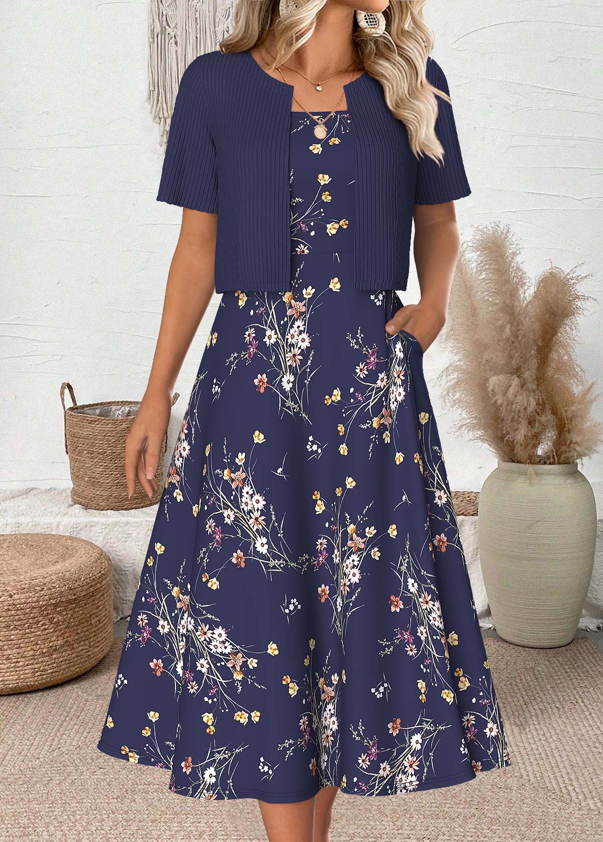 Modlily Navy Floral Print Half Sleeve Dress and Cardigan - S