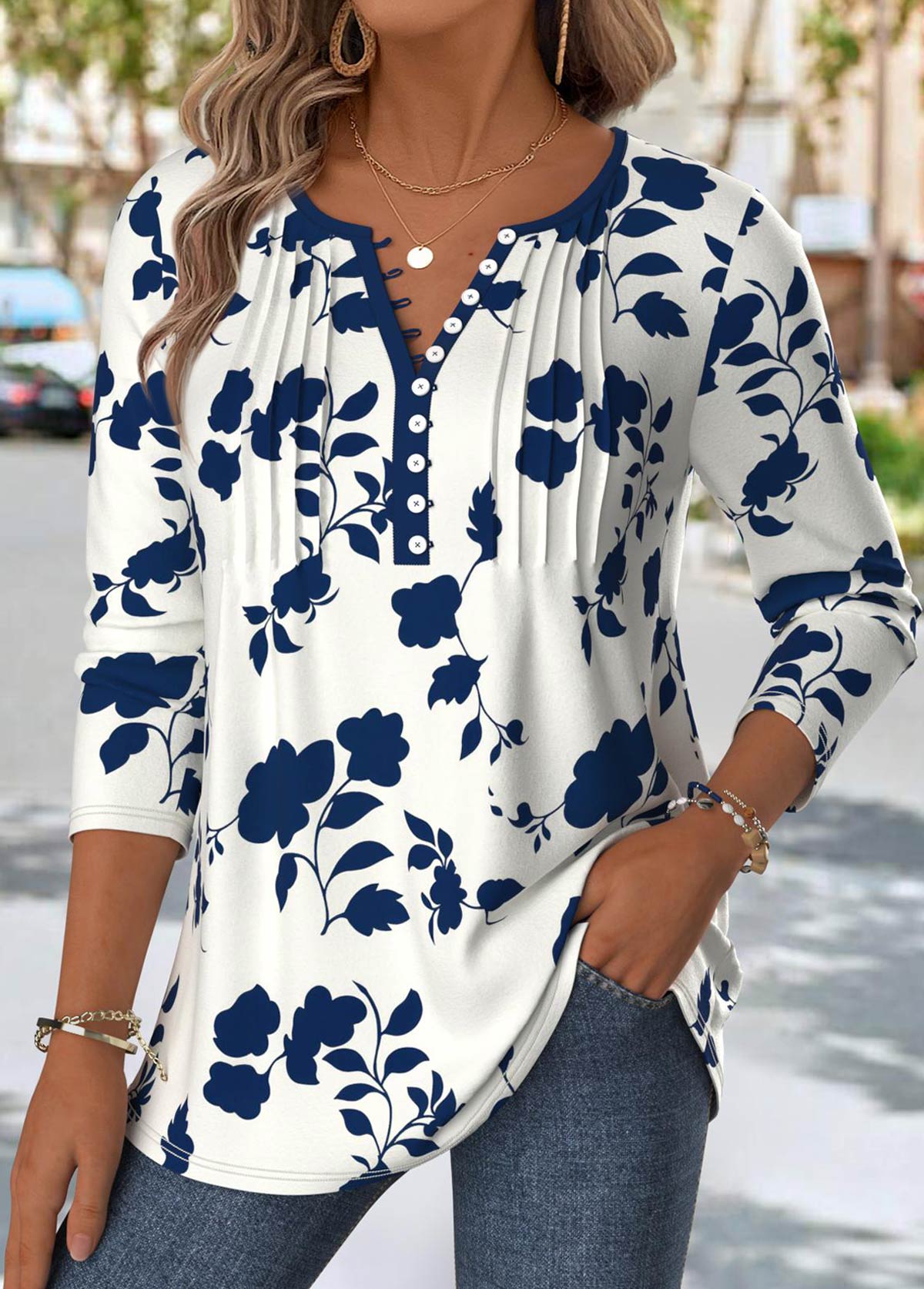 Modlily Navy Floral Print Long Sleeve Split Neck T Shirt - S