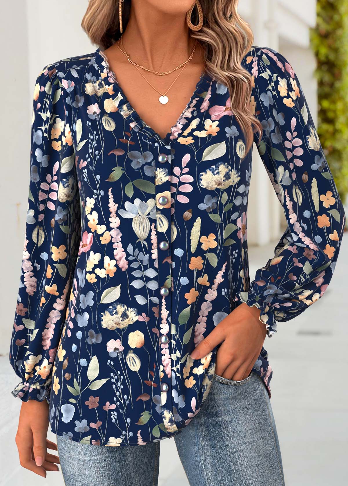 Modlily Navy Floral Print Long Sleeve V Neck Blouse - XL