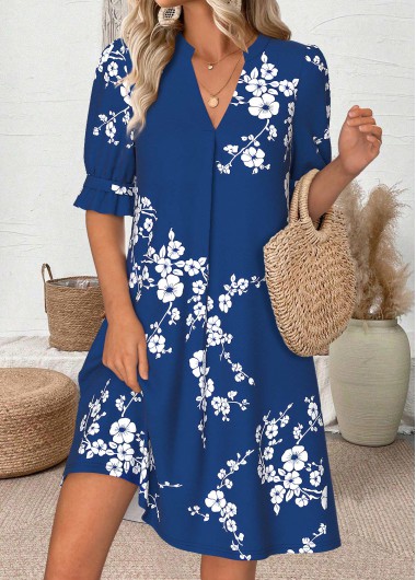 Modlily Navy Floral Print Short Half Sleeve Split Neck Dress - M