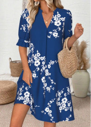 Modlily Navy Floral Print Short Half Sleeve Split Neck Dress - M
