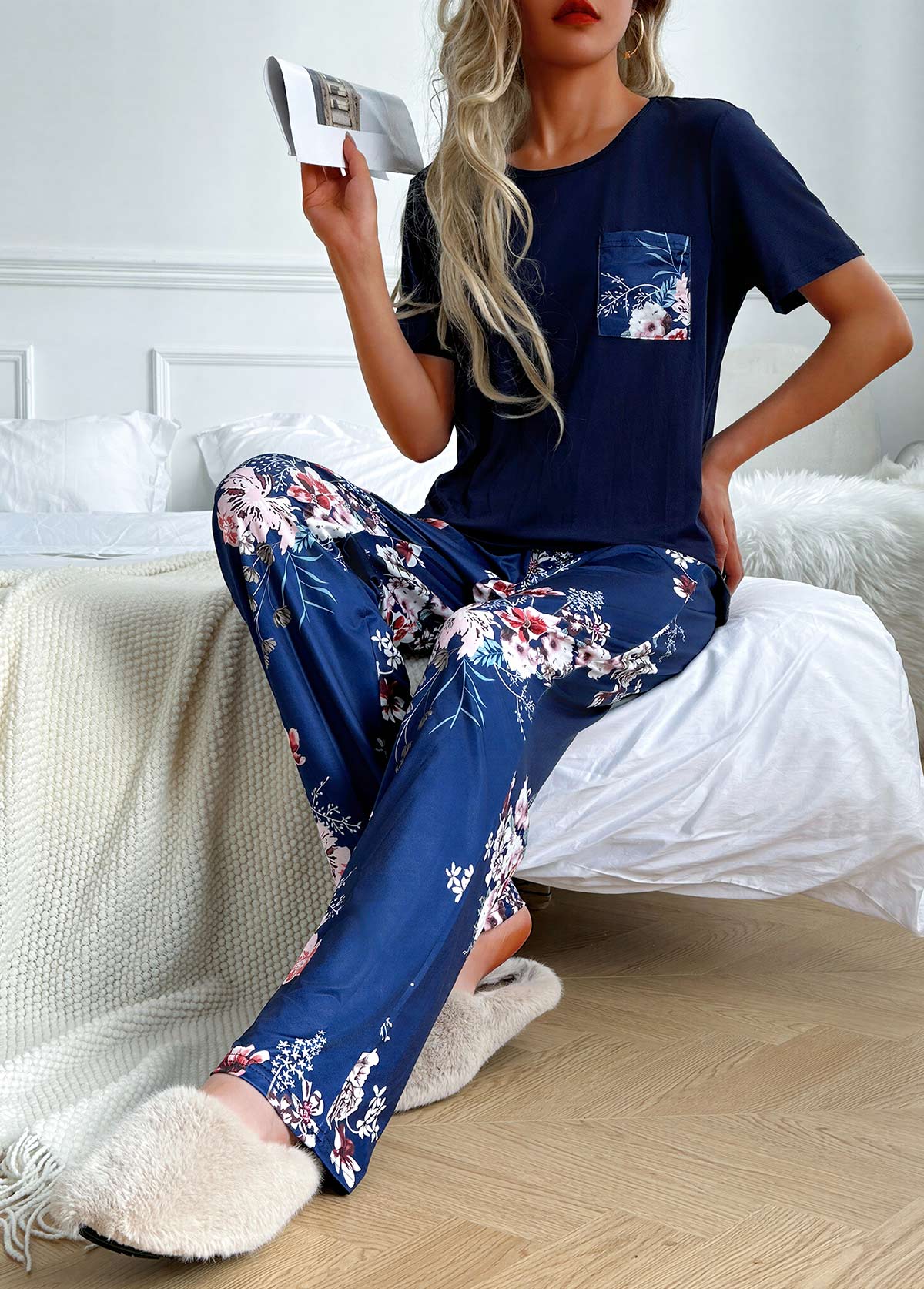 Modlily Navy Floral Print Short Sleeve Lounge Top and Pants - L