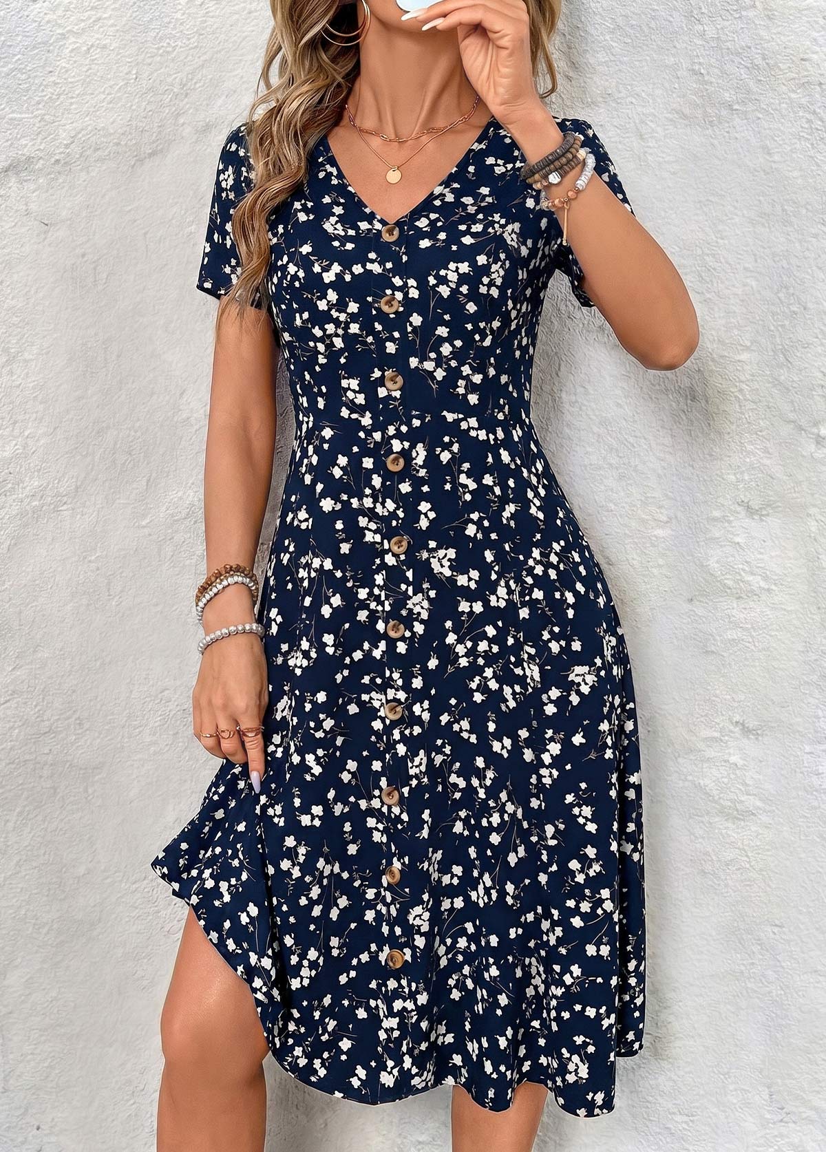 Modlily Navy Floral Print Short Sleeve V Neck Dress - S