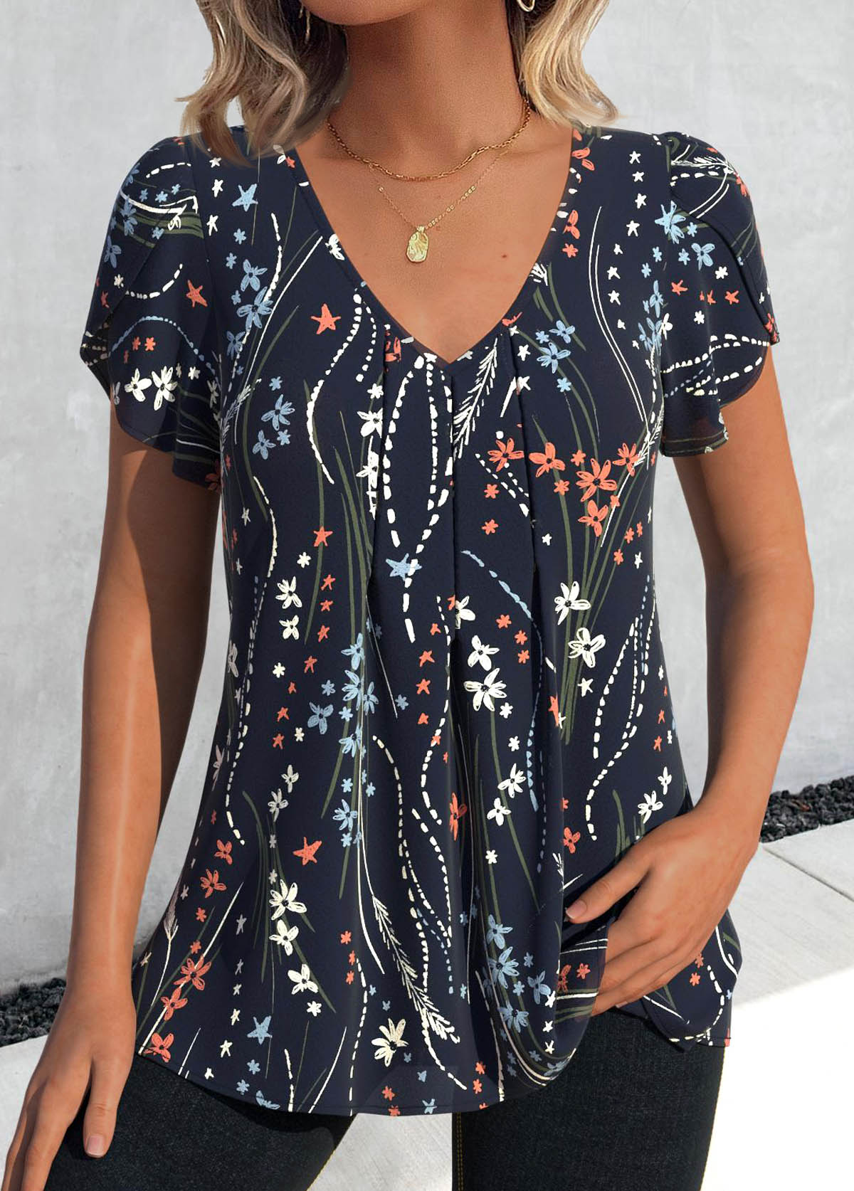 Modlily Navy Floral Print Short Sleeve V Neck T Shirt - L