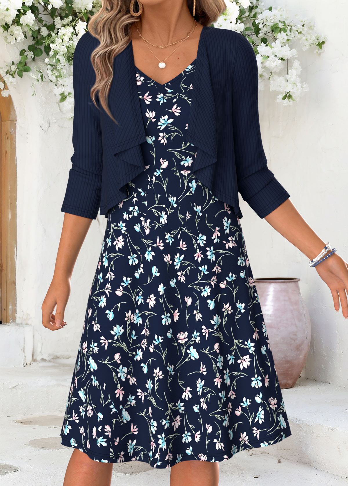 Modlily Navy Floral Print Short Tummy Coverage Dress and Cardigan - S