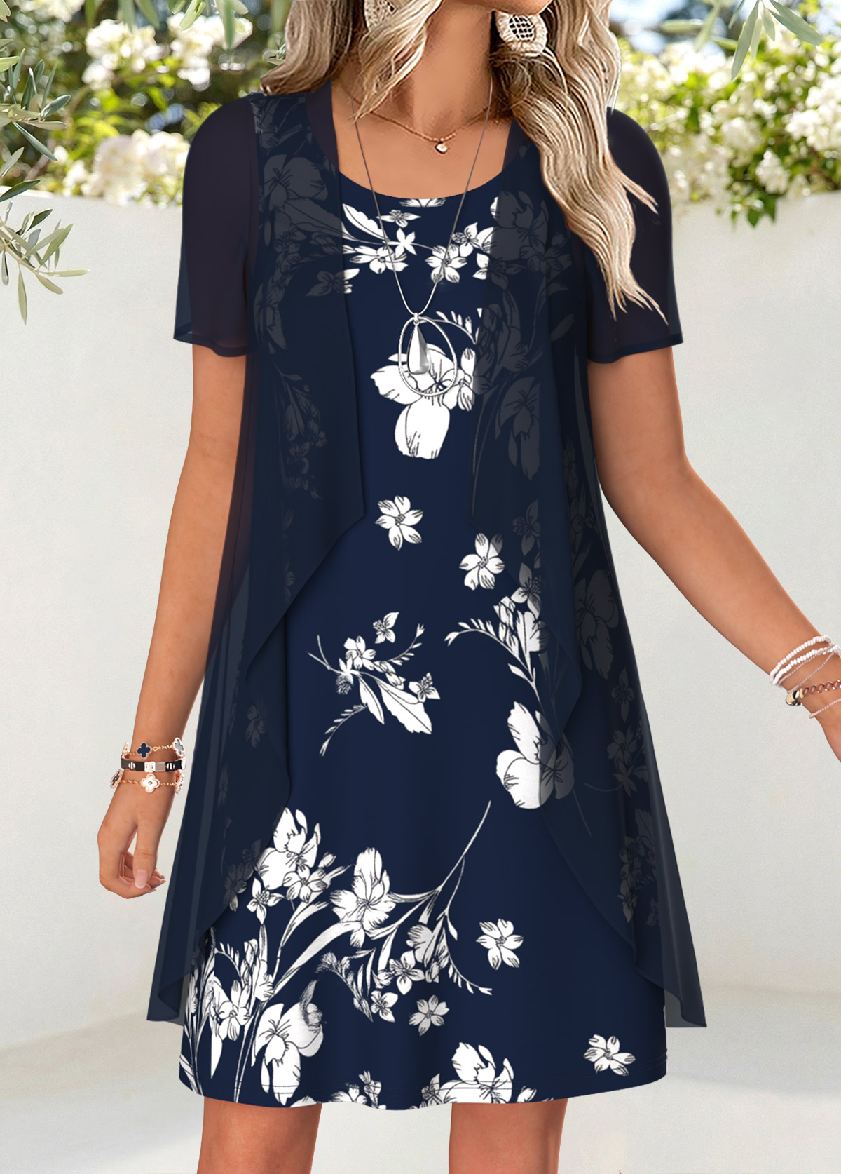 Modlily Navy Floral Print Short Two-piece Dress and Cardigan - L