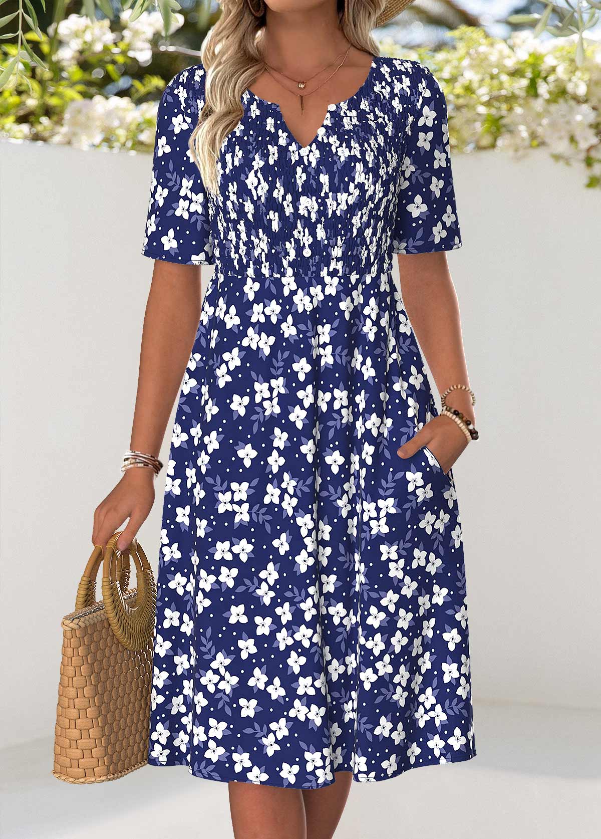 Modlily Navy Floral Print Smocked Short Sleeve Split Neck Dress - S