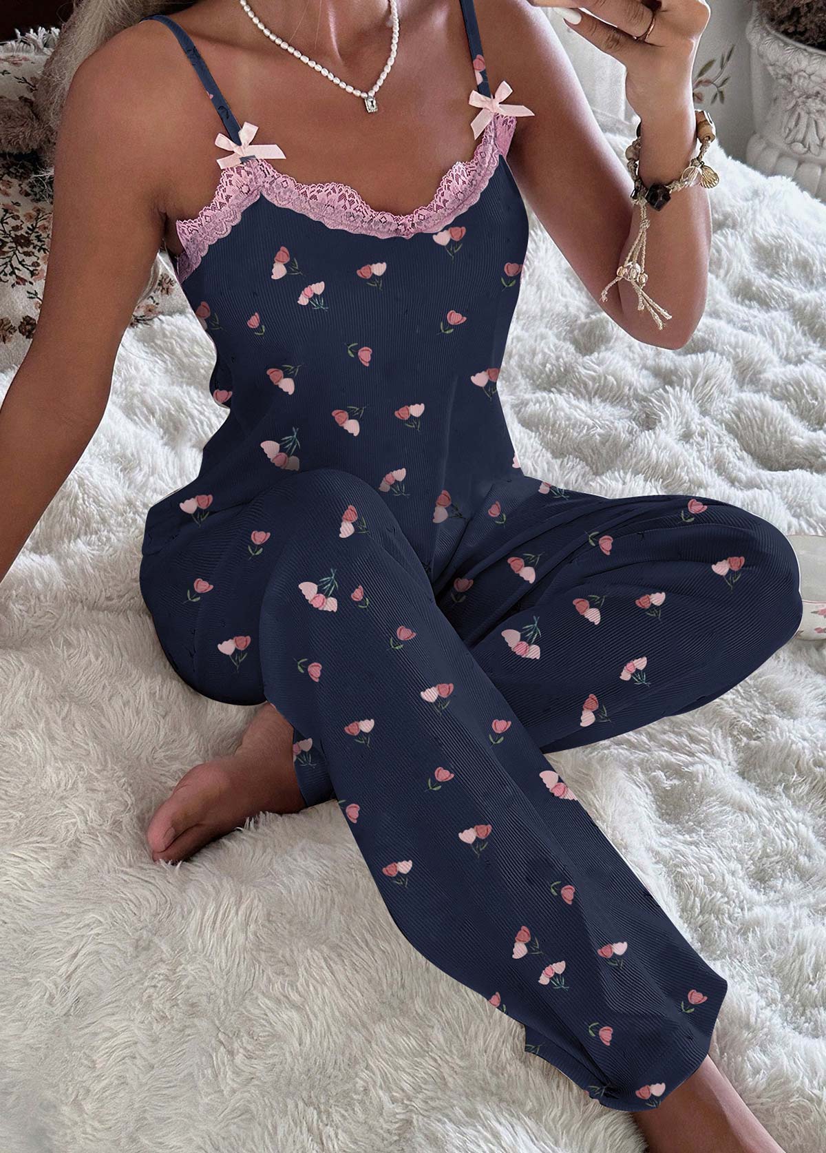 Modlily Navy Floral Print Strappy Lounge Top and Pants - S