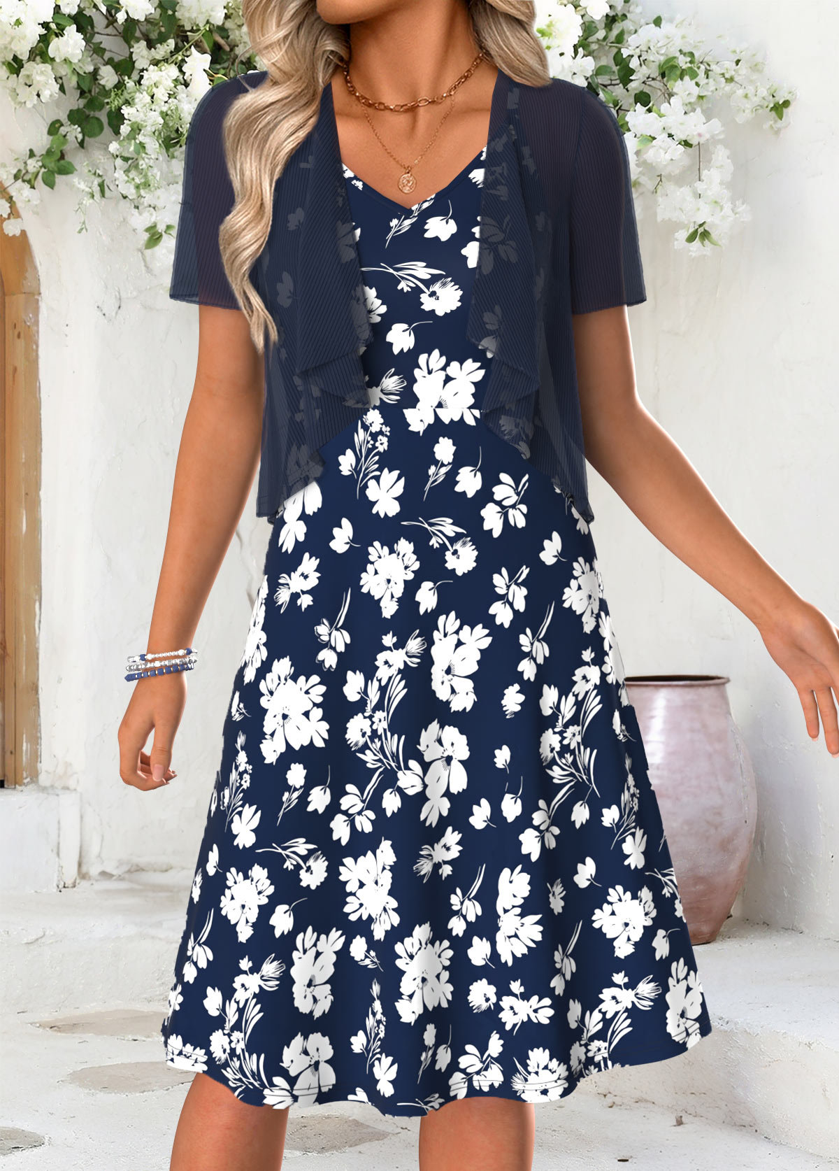 Modlily Navy Floral Print Tummy Coverage Short Sleeve Dress - S