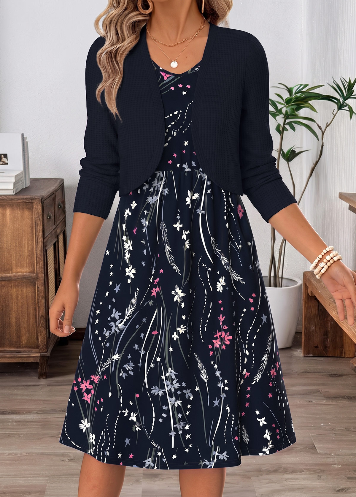 Modlily Navy Floral Print Two-piece Long Sleeve Dress and Cardigan - M