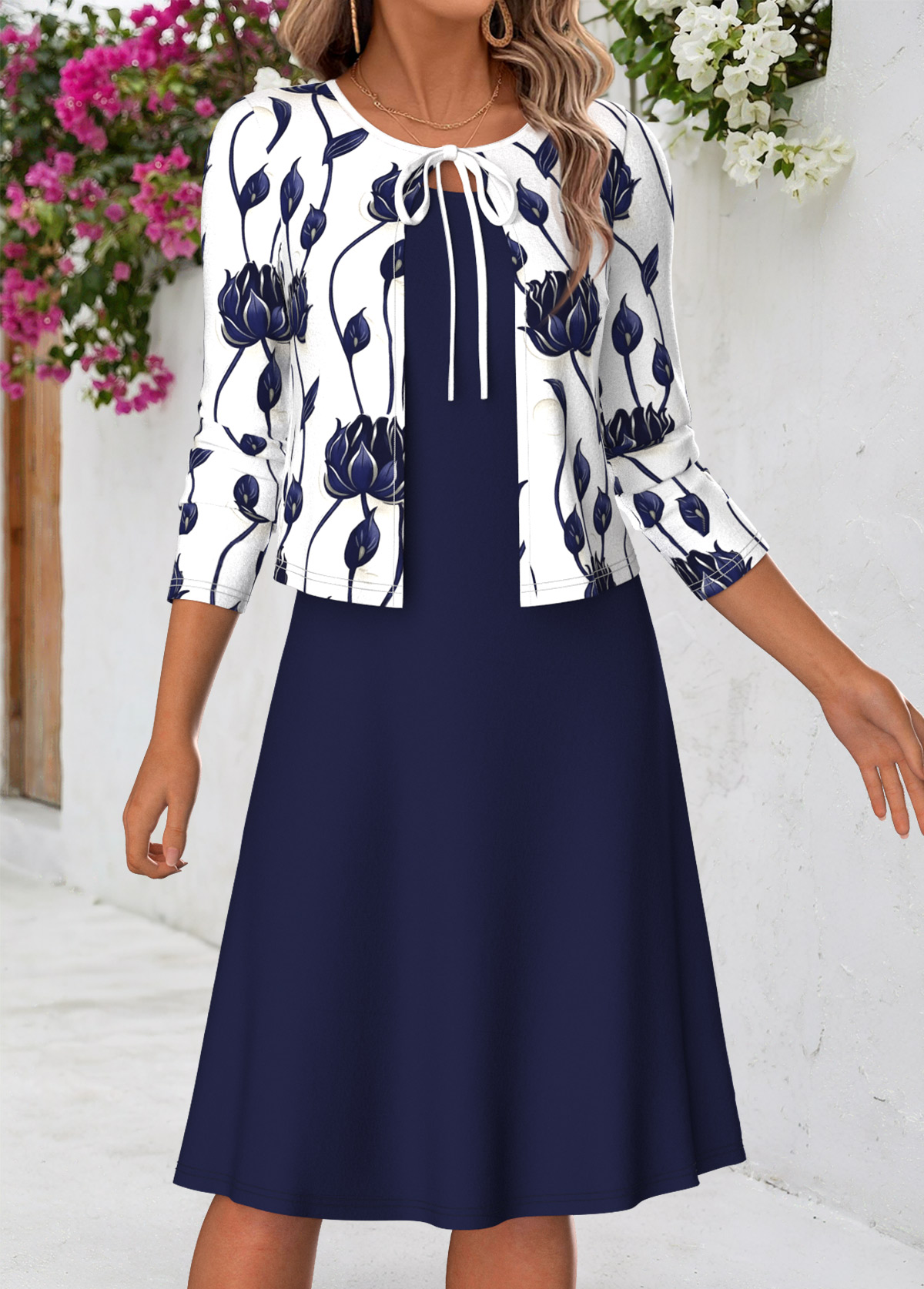 Modlily Navy Floral Print Two-piece Long Sleeve Dress and Cardigan - M