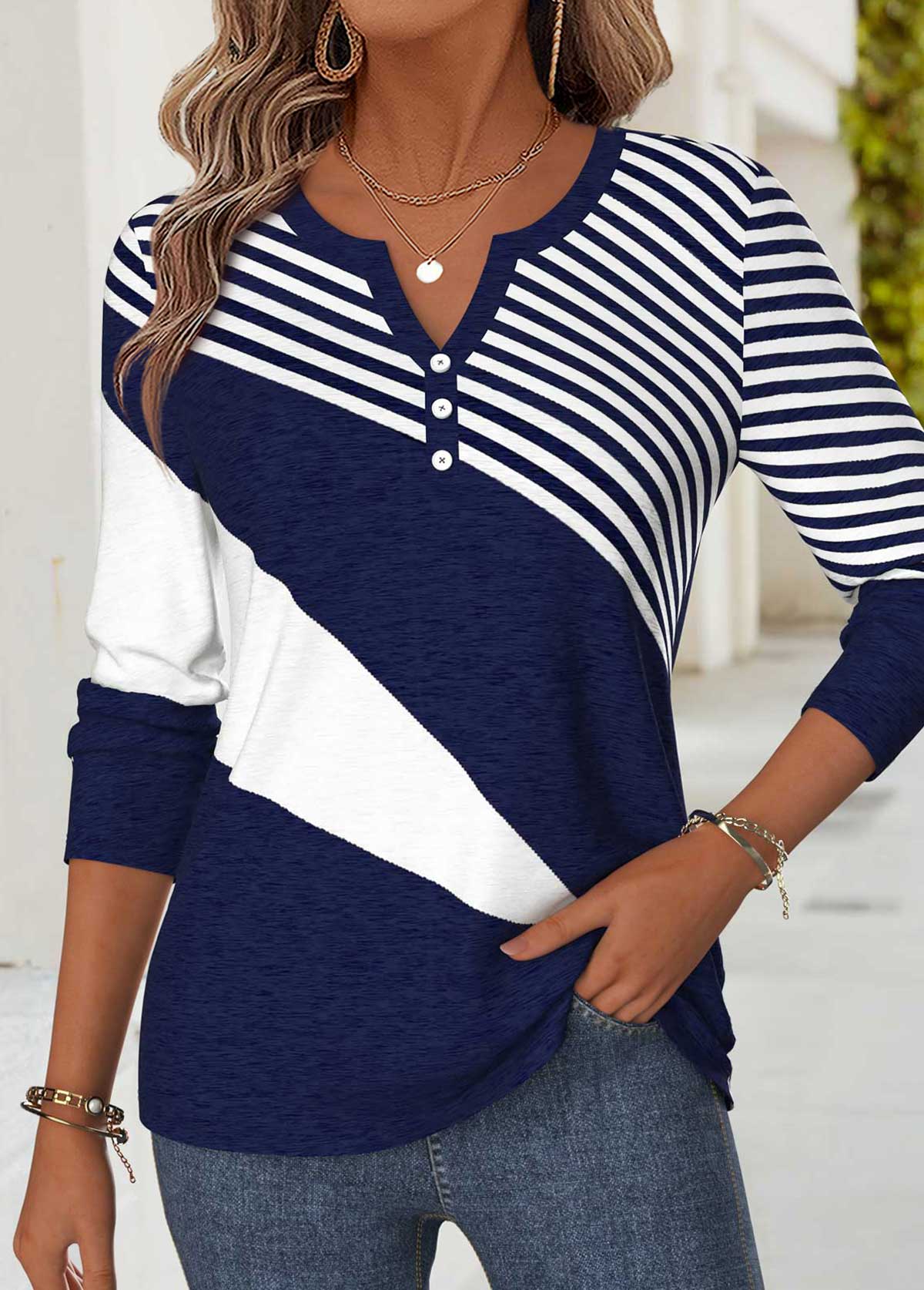 Modlily Navy Geometric Print Curved Hem Long Sleeve T Shirt - S