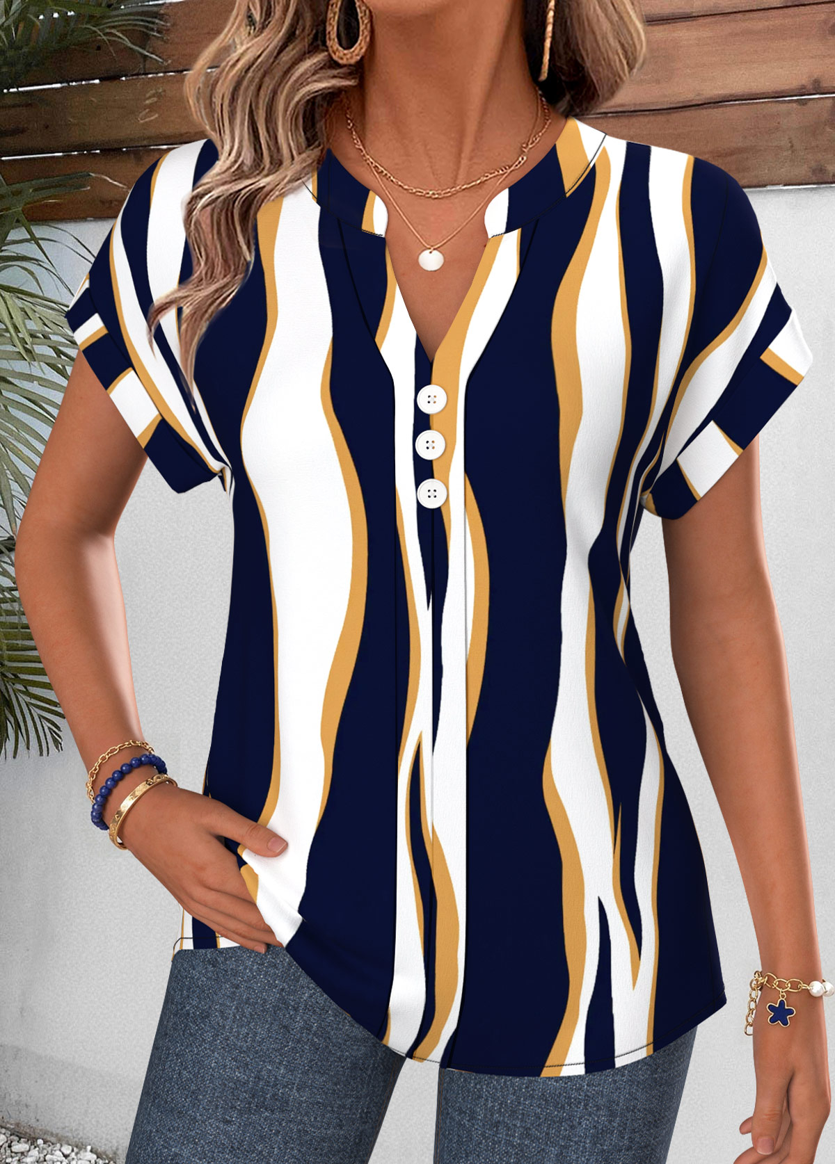 Modlily Navy Geometric Print Curved Hem Short Sleeve Blouse - S
