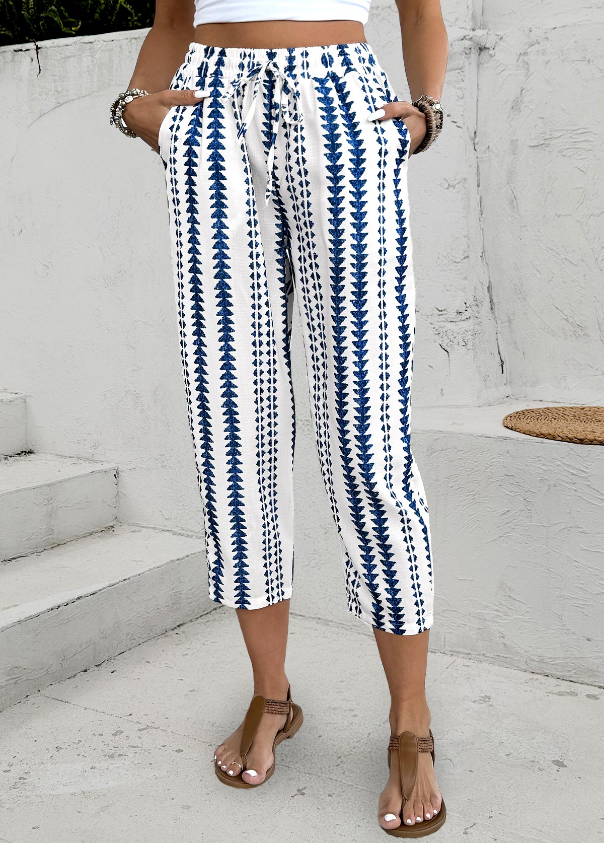 Modlily Navy Geometric Print Elastic Waist High Waisted Pants - S