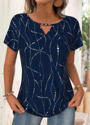Modlily Navy Geometric Print Short Sleeve Round Neck T Shirt - L
