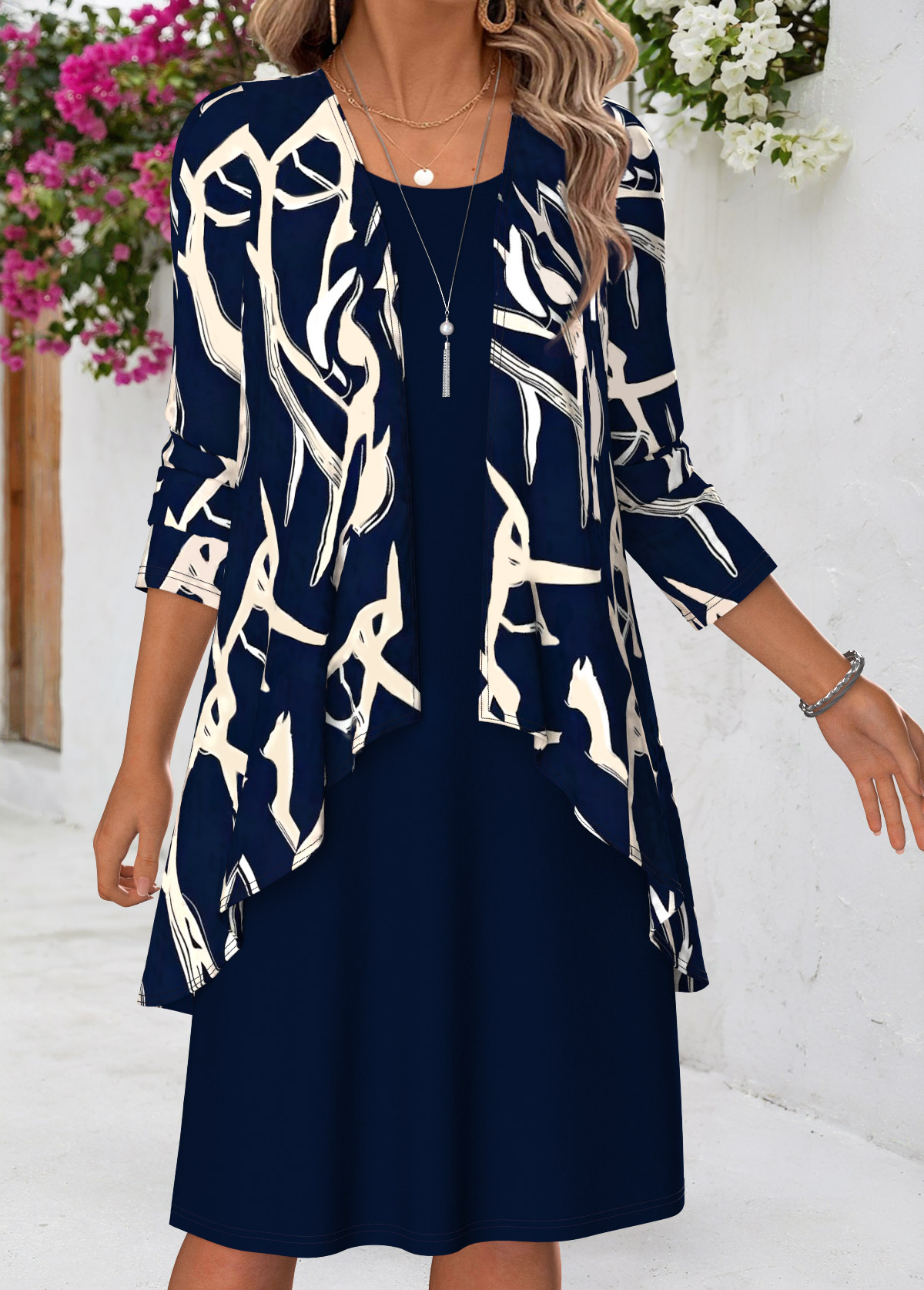 Modlily Navy Geometric Print Tummy Coverage Dress and Cardigan - M