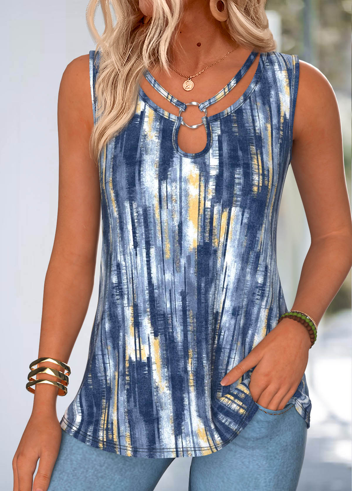 Modlily Navy Geometric Print Tummy Coverage Sleeveless Tank Top - S
