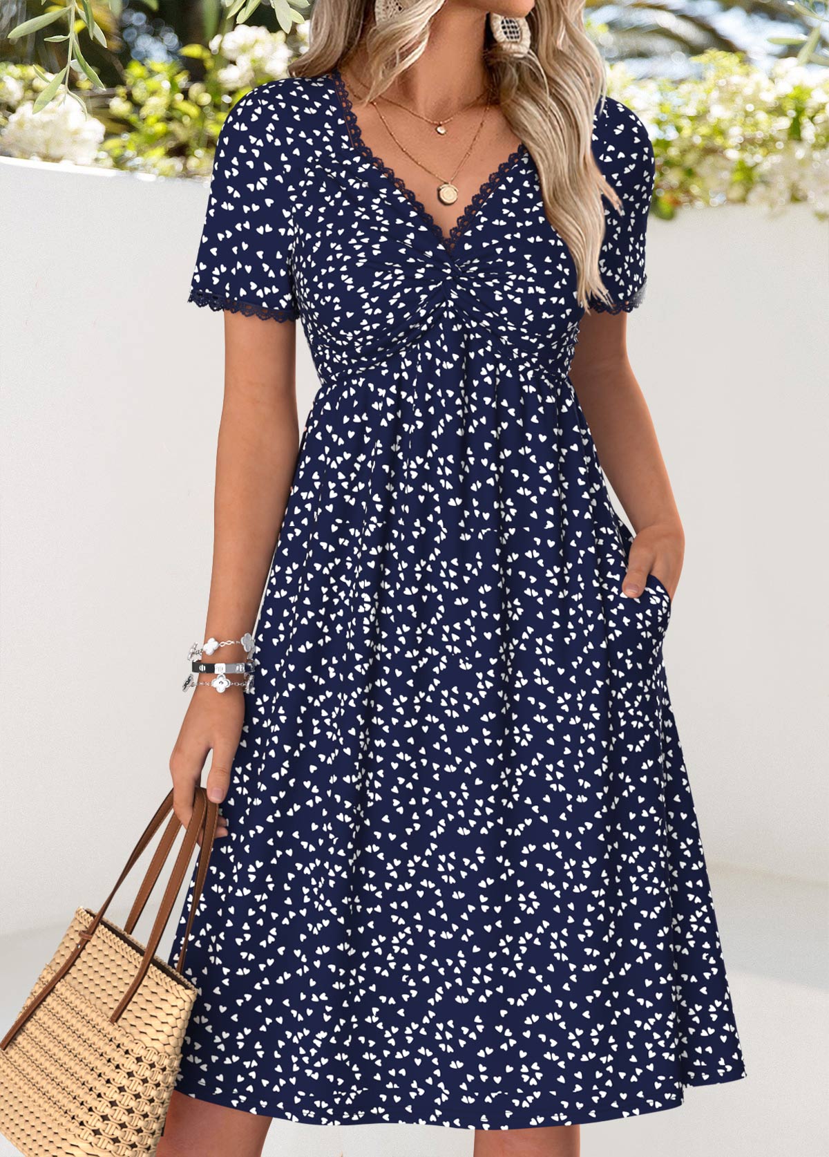 Modlily Navy Heart Print Twist Short Sleeve V Neck Dress - S