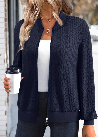 Modlily Navy Jacquard Long Sleeve Stand Collar Track Jacket - M