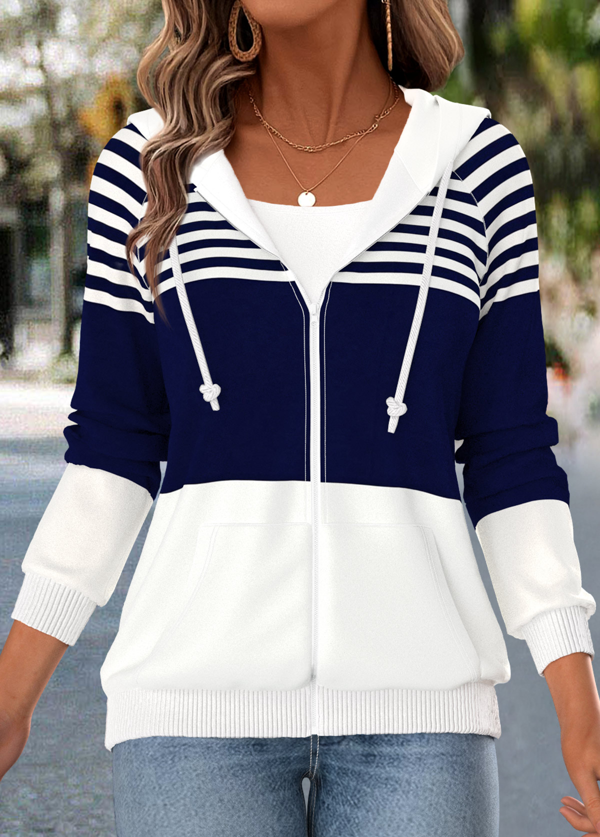 Modlily Navy Kangaroo Pocket Striped Coat and Camisole Top - M