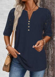 Modlily Navy Lace Half Sleeve Split Neck T Shirt - M