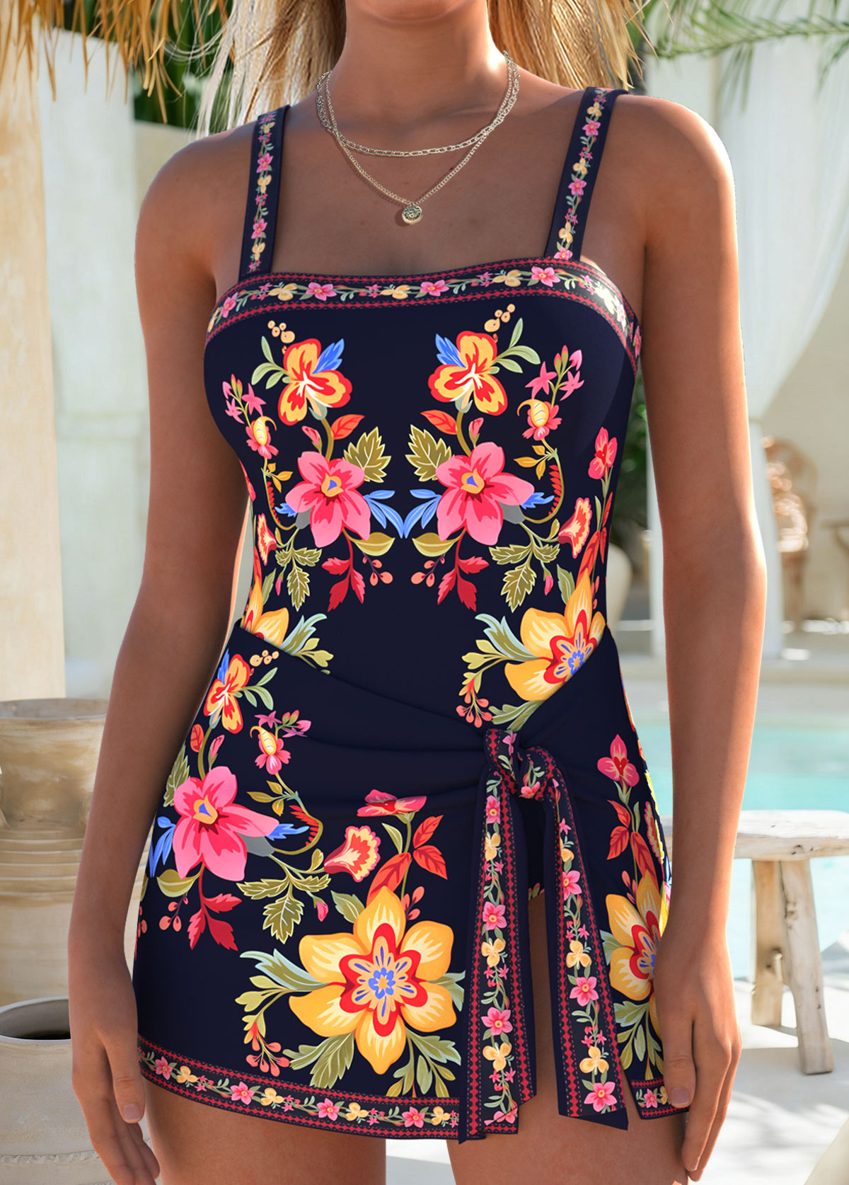 Modlily Navy Layered Floral Print One Piece Swimdress - S