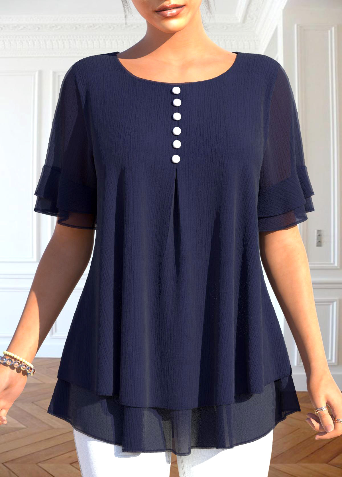 Modlily Navy Layered Short Sleeve Fake Two Piece Twinset - S