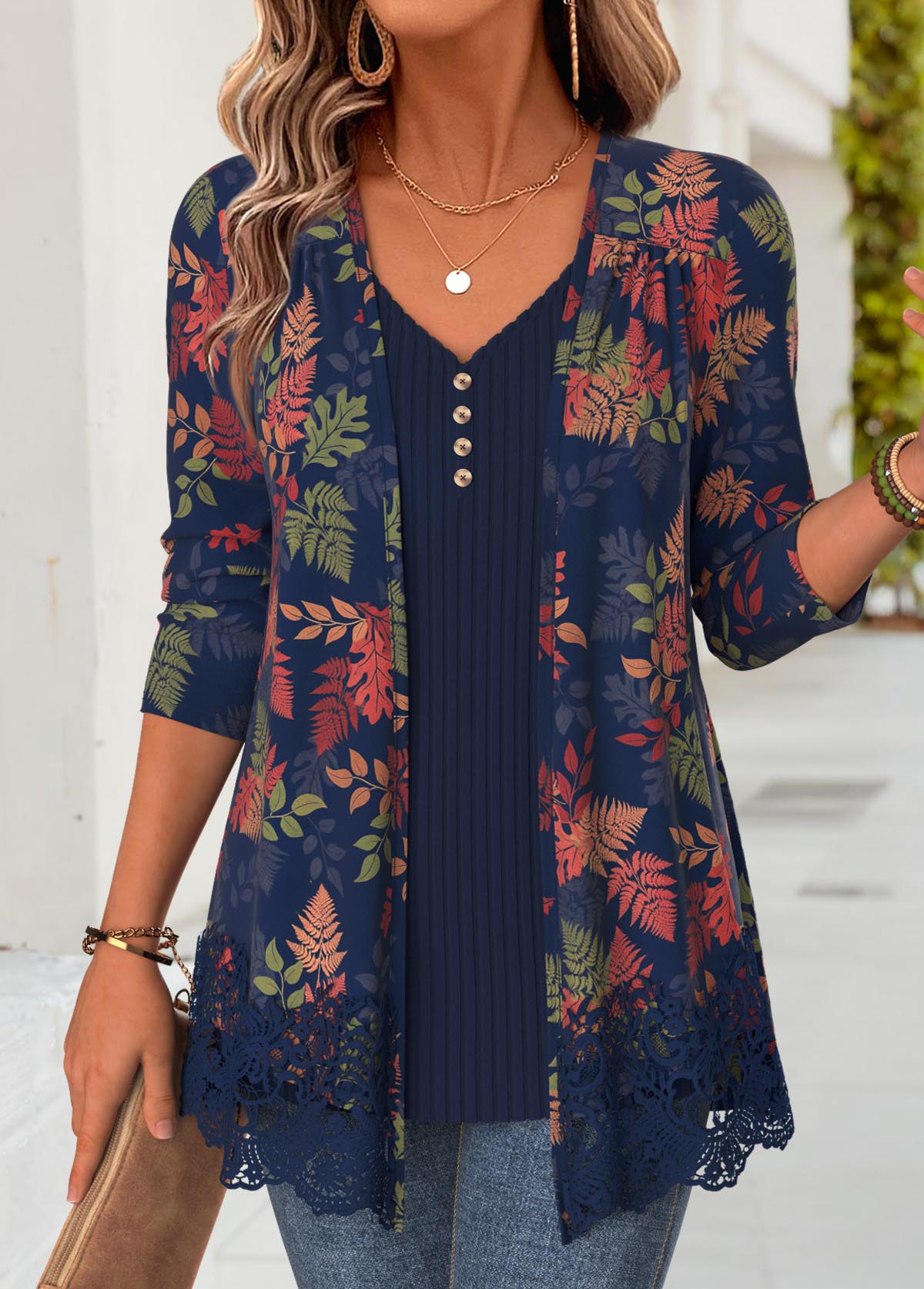 Modlily Navy Leaf Print Long Sleeve Fake Two Piece Twinset - S