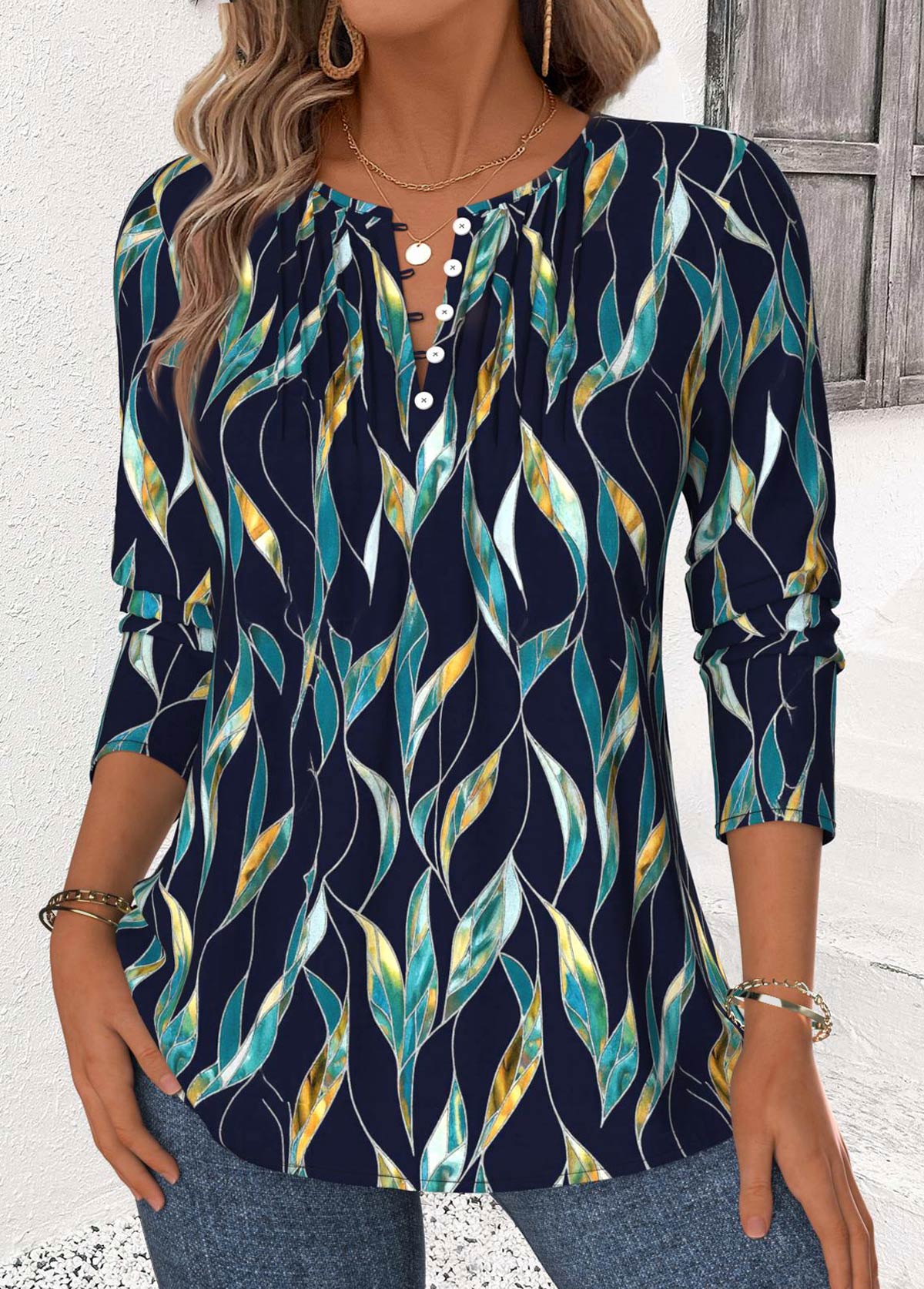 Modlily Navy Leaf Print Long Sleeve Split Neck Blouse - S