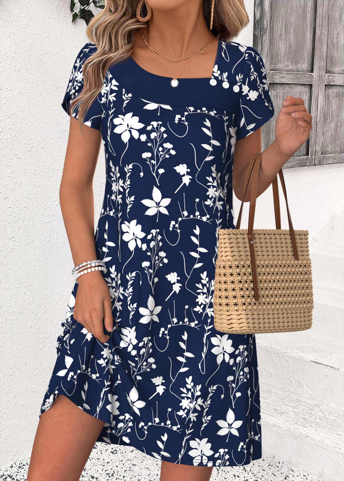 Modlily Navy Leaf Print Short Patchwork Asymmetrical Neck Dress - S