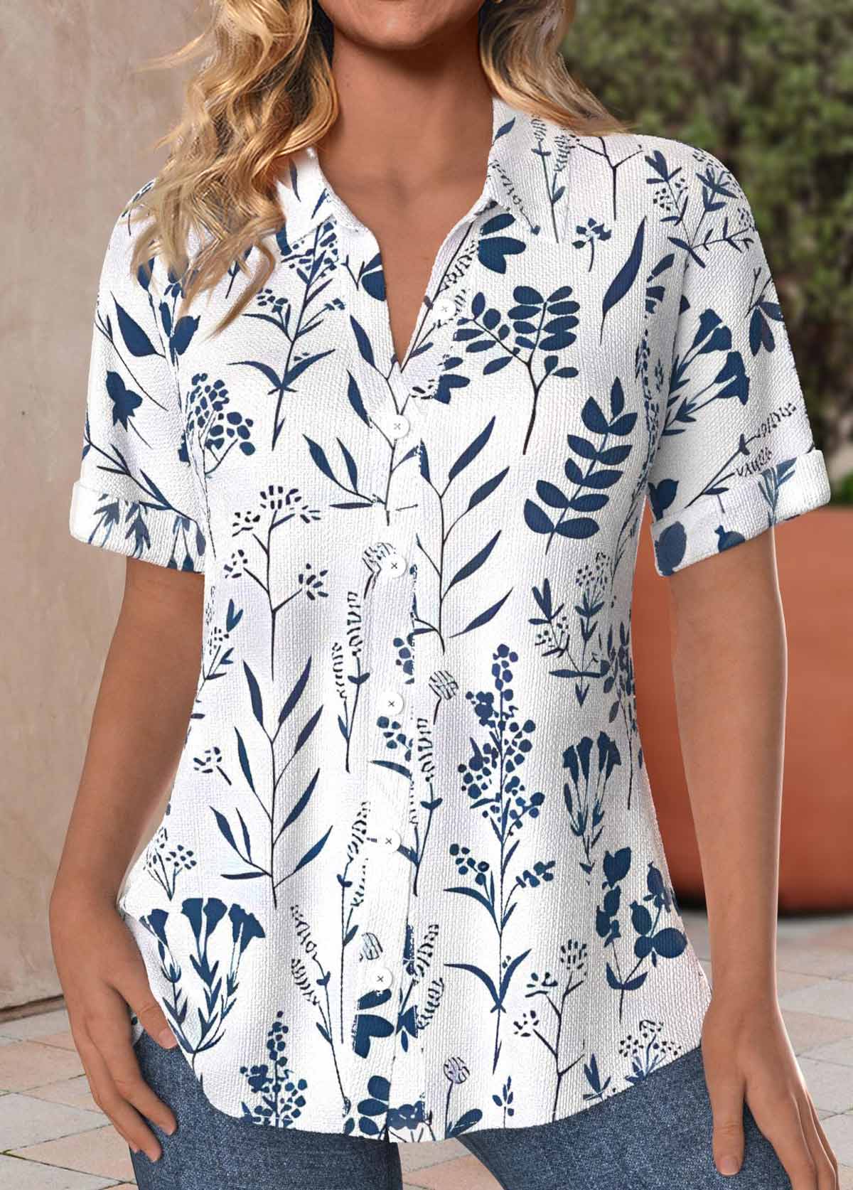 Modlily Navy Leaf Print Tummy Coverage Short Sleeve Blouse - S
