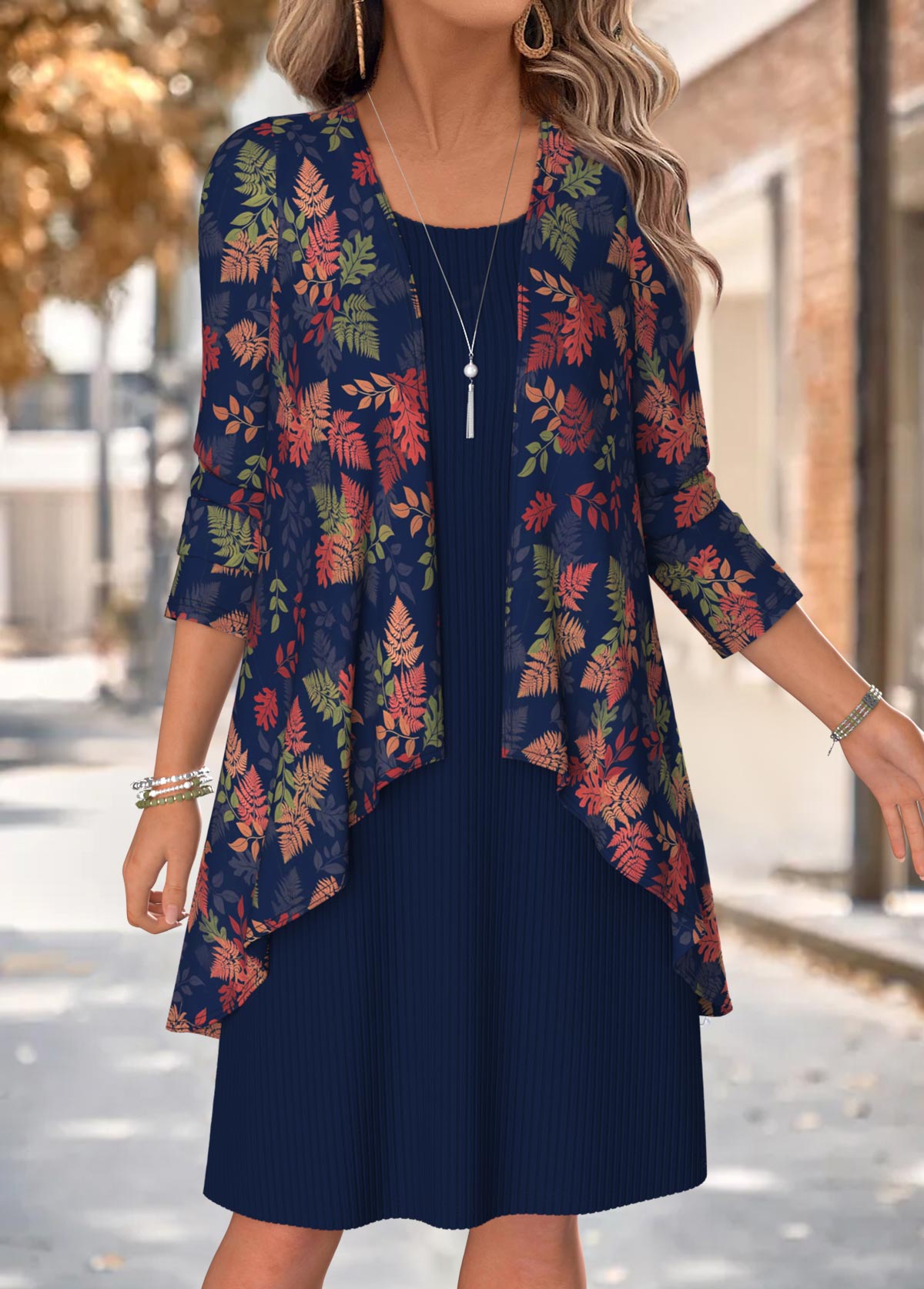 Modlily Navy Leaf Print Two-piece Long Sleeve Dress and Cardigan - M
