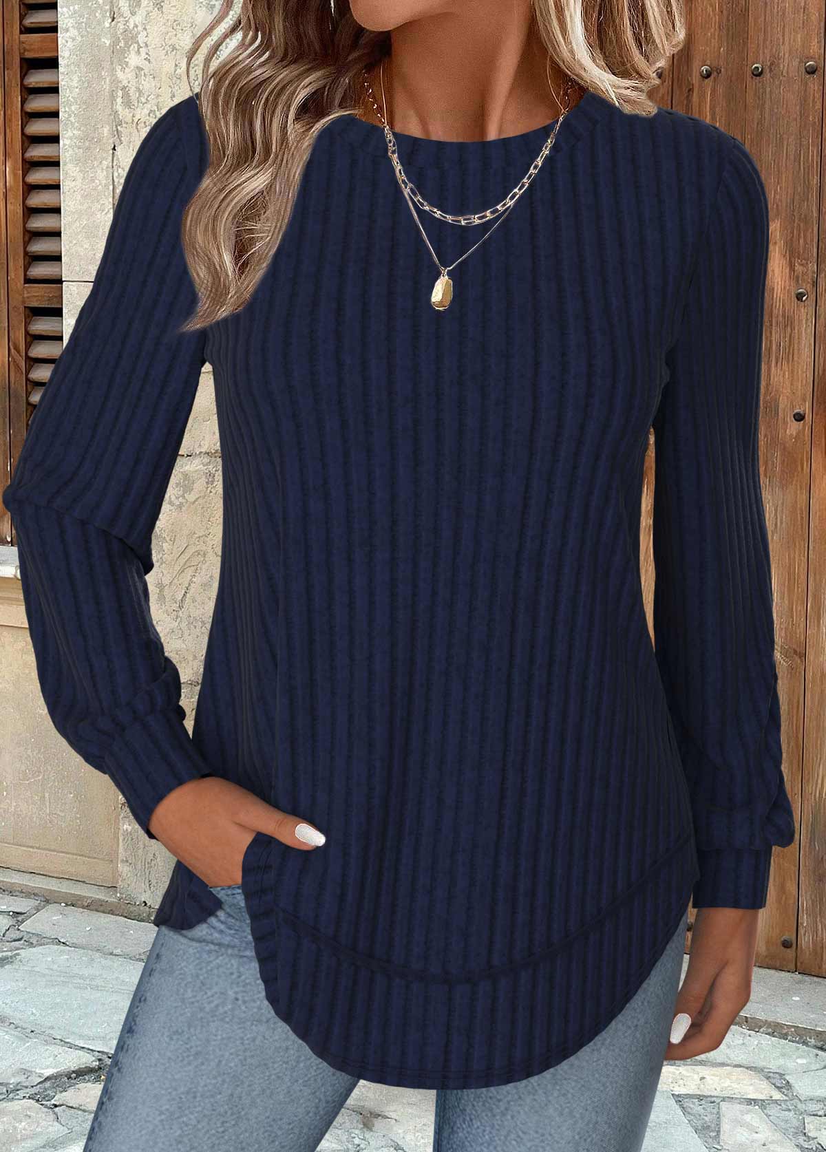 Modlily Navy Long Sleeve Round Neck Sweatshirt - S