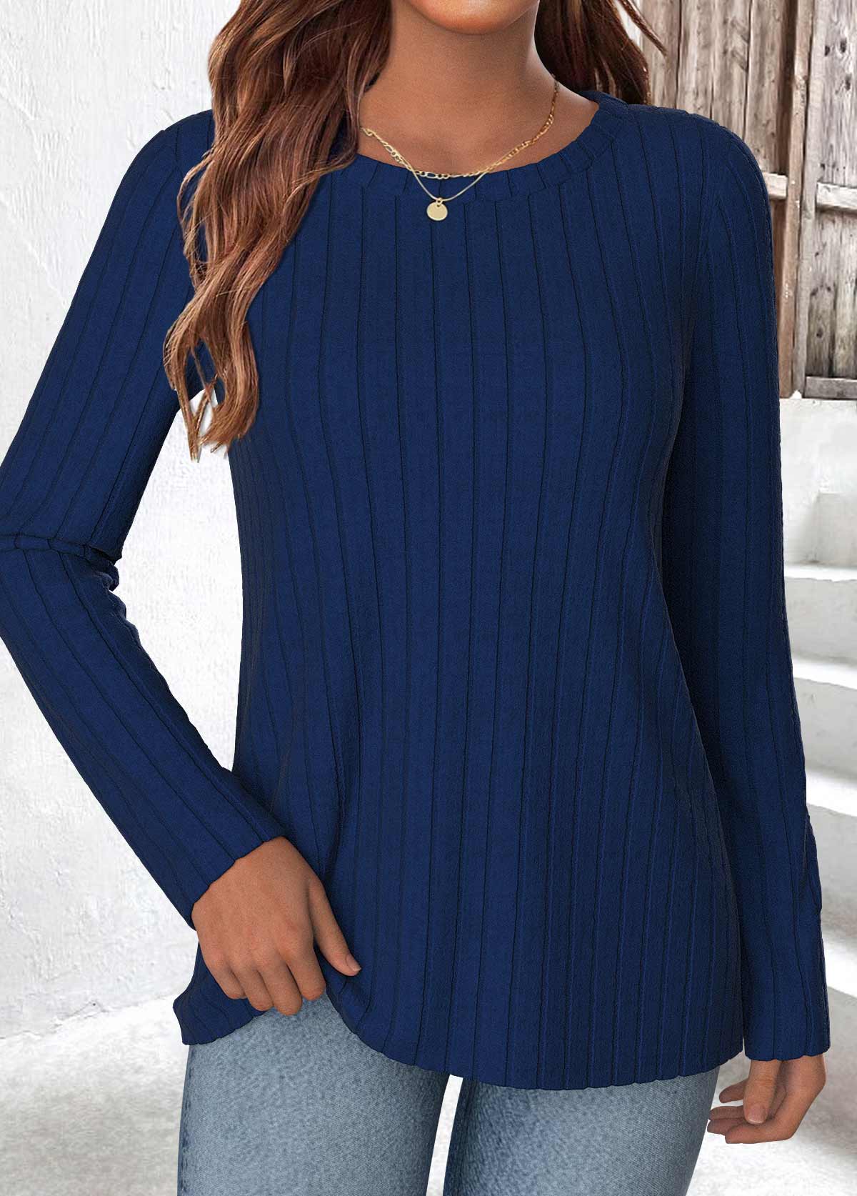 Modlily Navy Long Sleeve Round Neck T Shirt - M