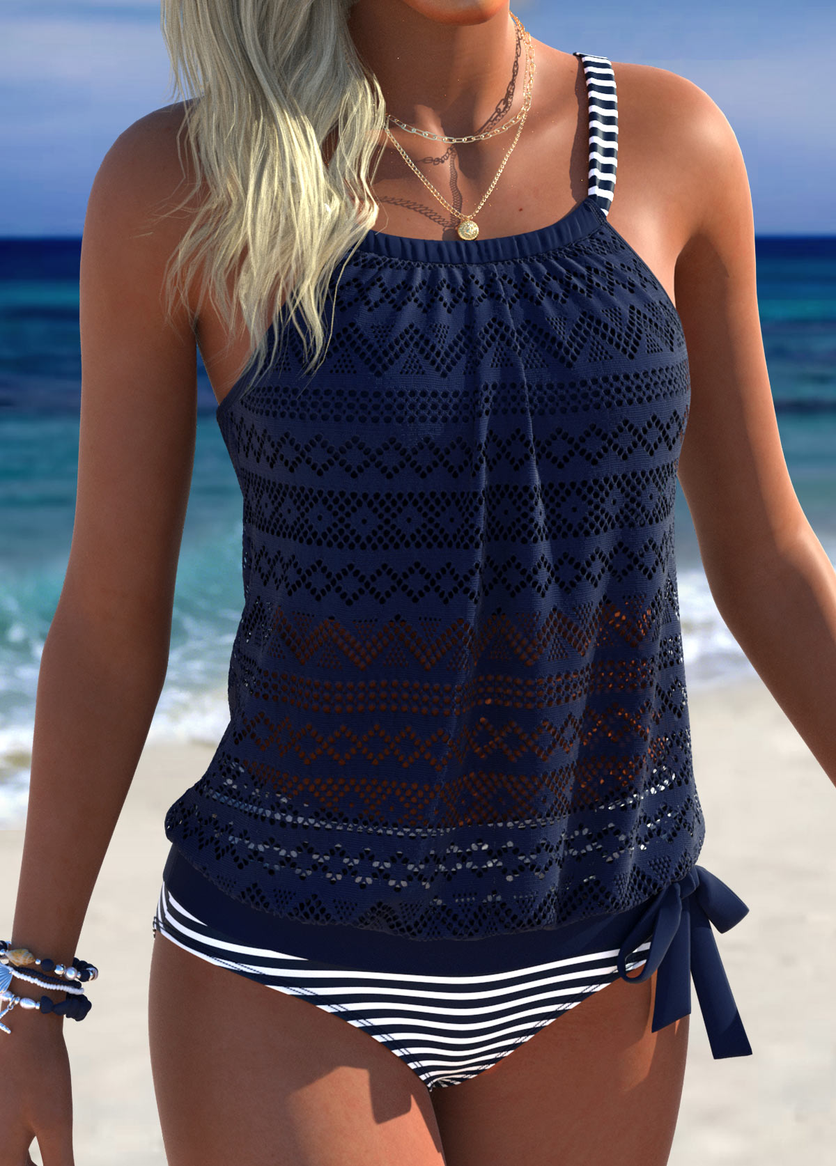 Modlily Navy Mid Waisted Blouson Striped Tankini Set - S