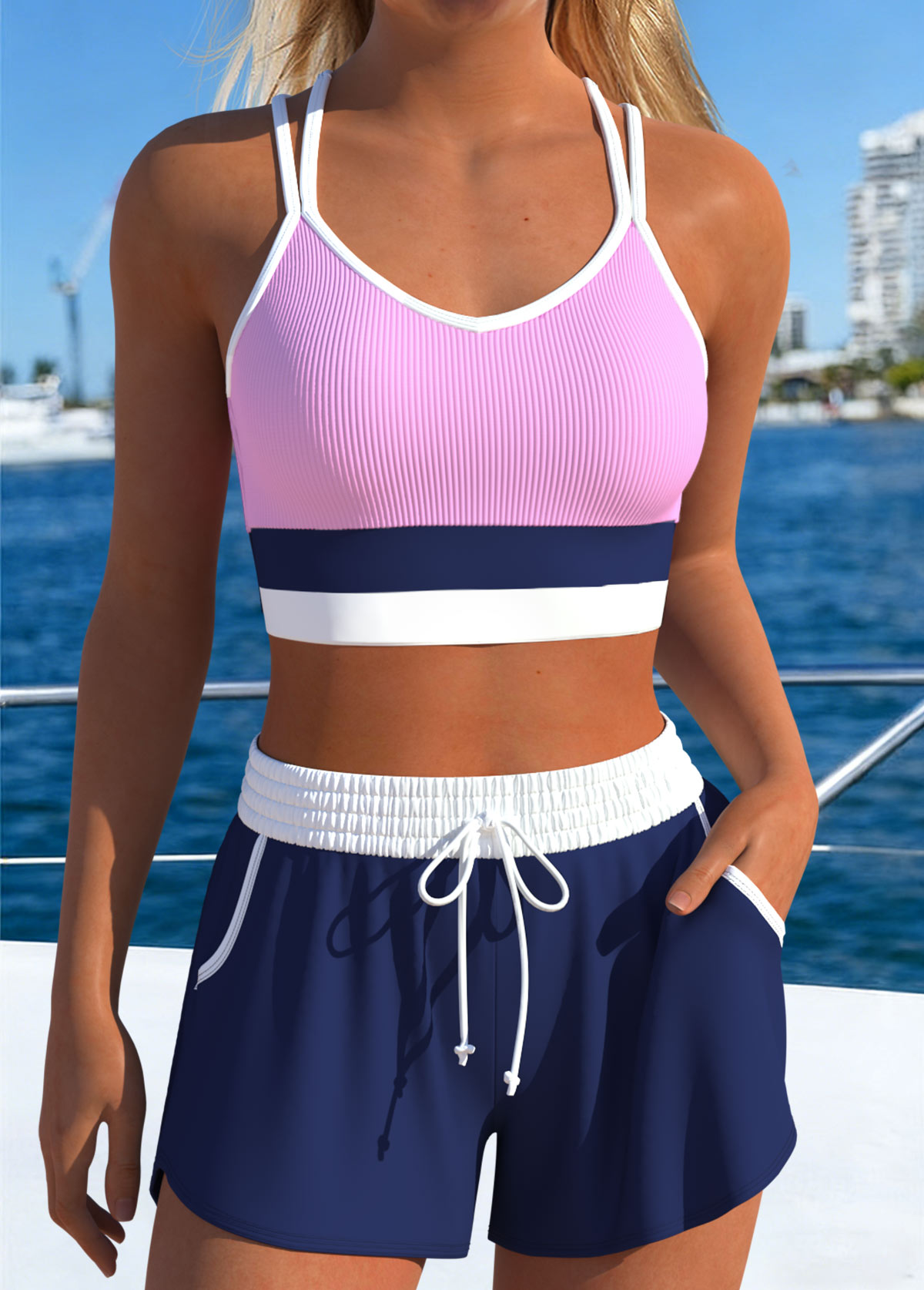 Modlily Navy Mid Waisted Layered Bikini Set - M