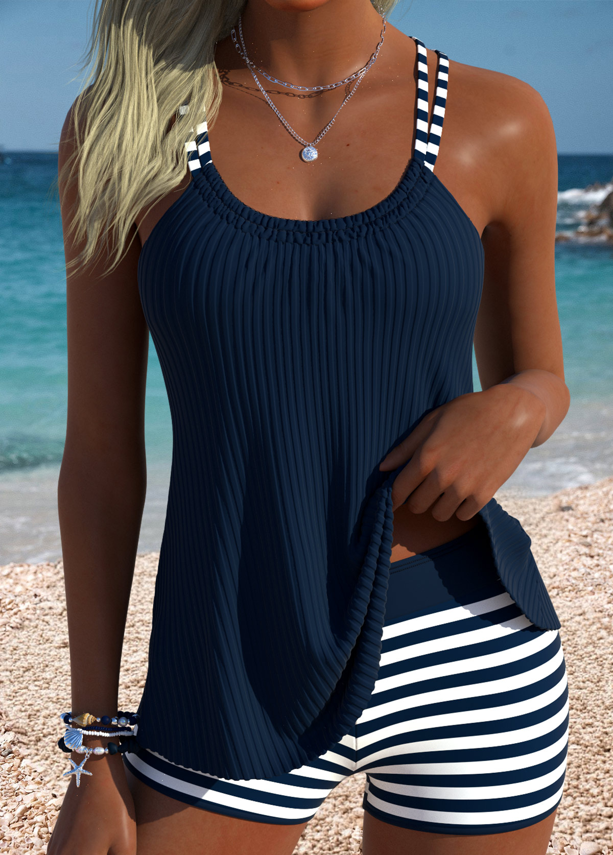 Modlily Navy Mid Waisted Tummy Coverage Striped Tankini Set - M