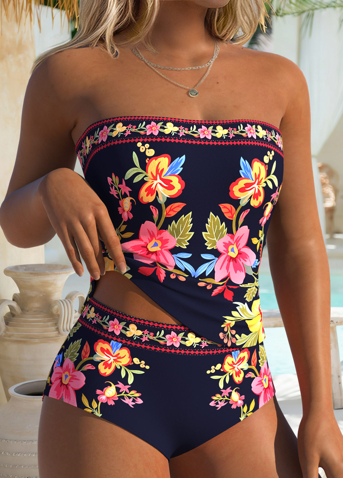 Modlily Navy Mid Waisted Two-piece Tribal Print Tankini Set - S
